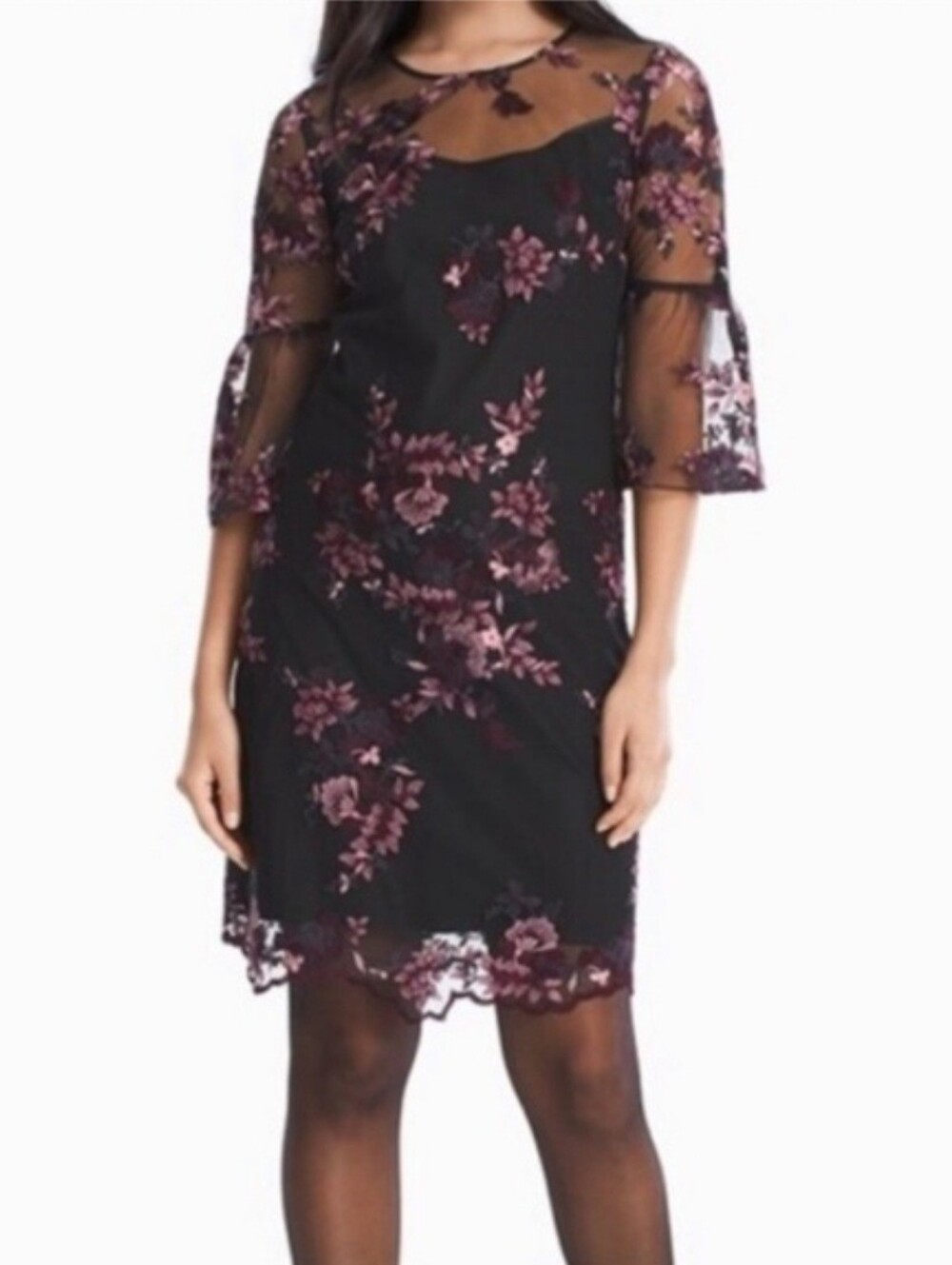 NWT WHBM Black Embroidered Sheer Overlay Bell Sleeve Shift Dress 12